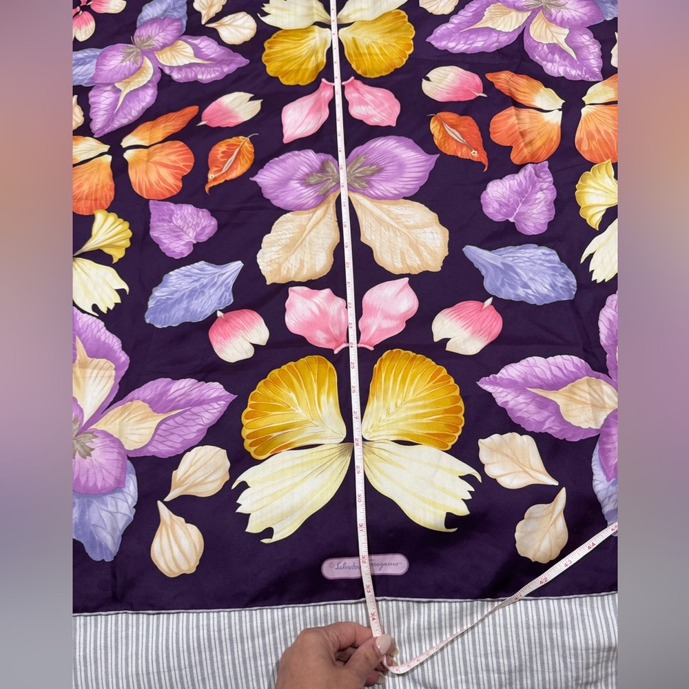 Salvatore Ferragamo Purple Floral silk Scarf - roughly 34”X33.5” - Picture 7 of 7